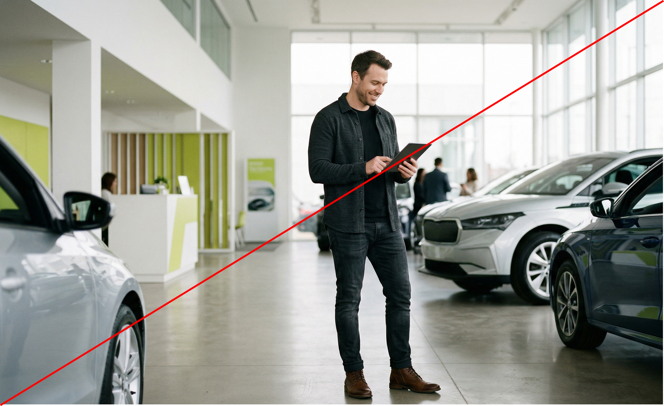 Klassisches Autohändler-Stockfoto mit Tablet – das wir vermeiden