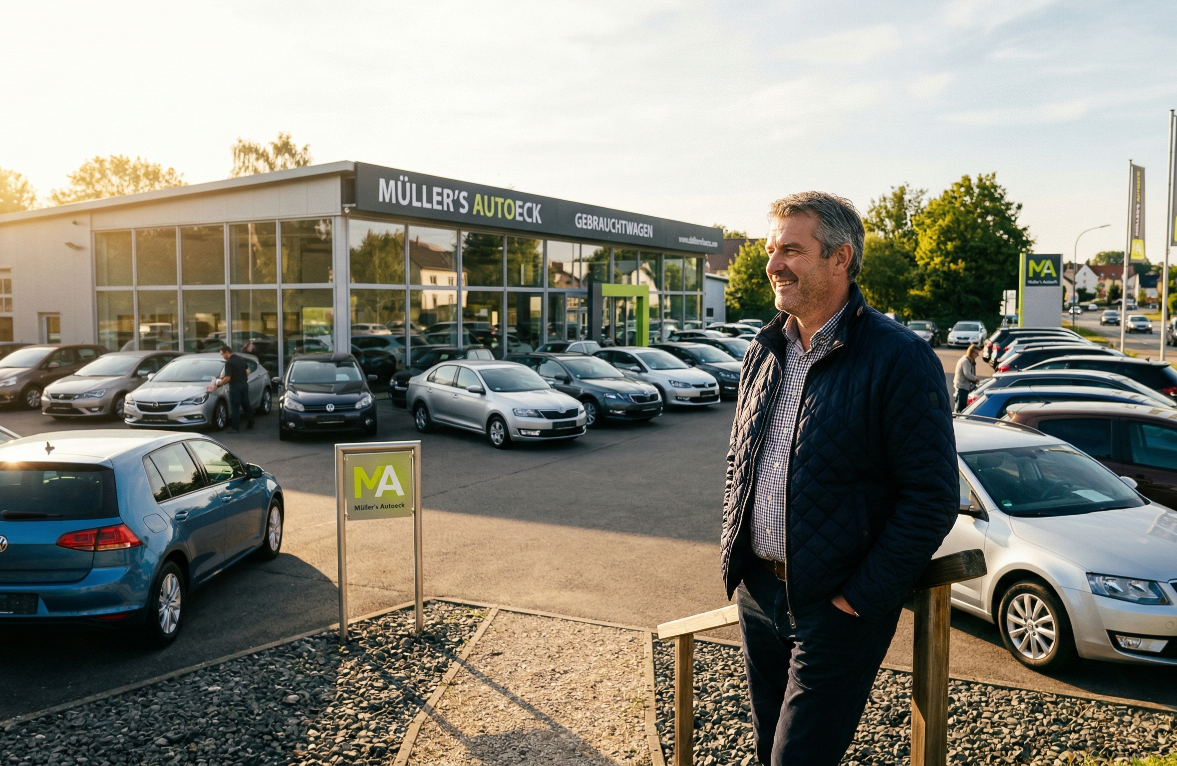 Autohändler vor seinem Autohaus – stolz und eigenständig